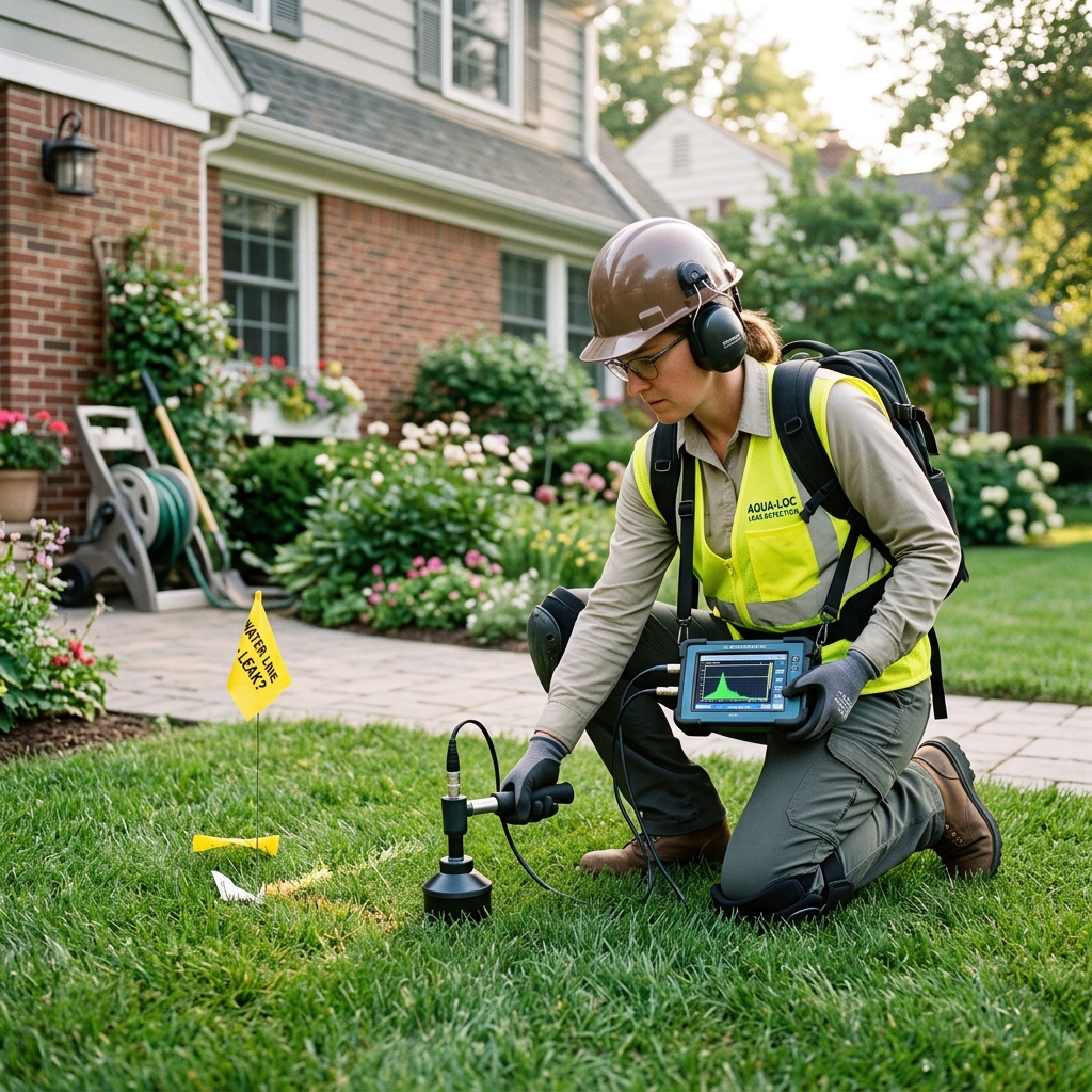 A technician checking a thermal imaging camera for hidden water leaks in a home