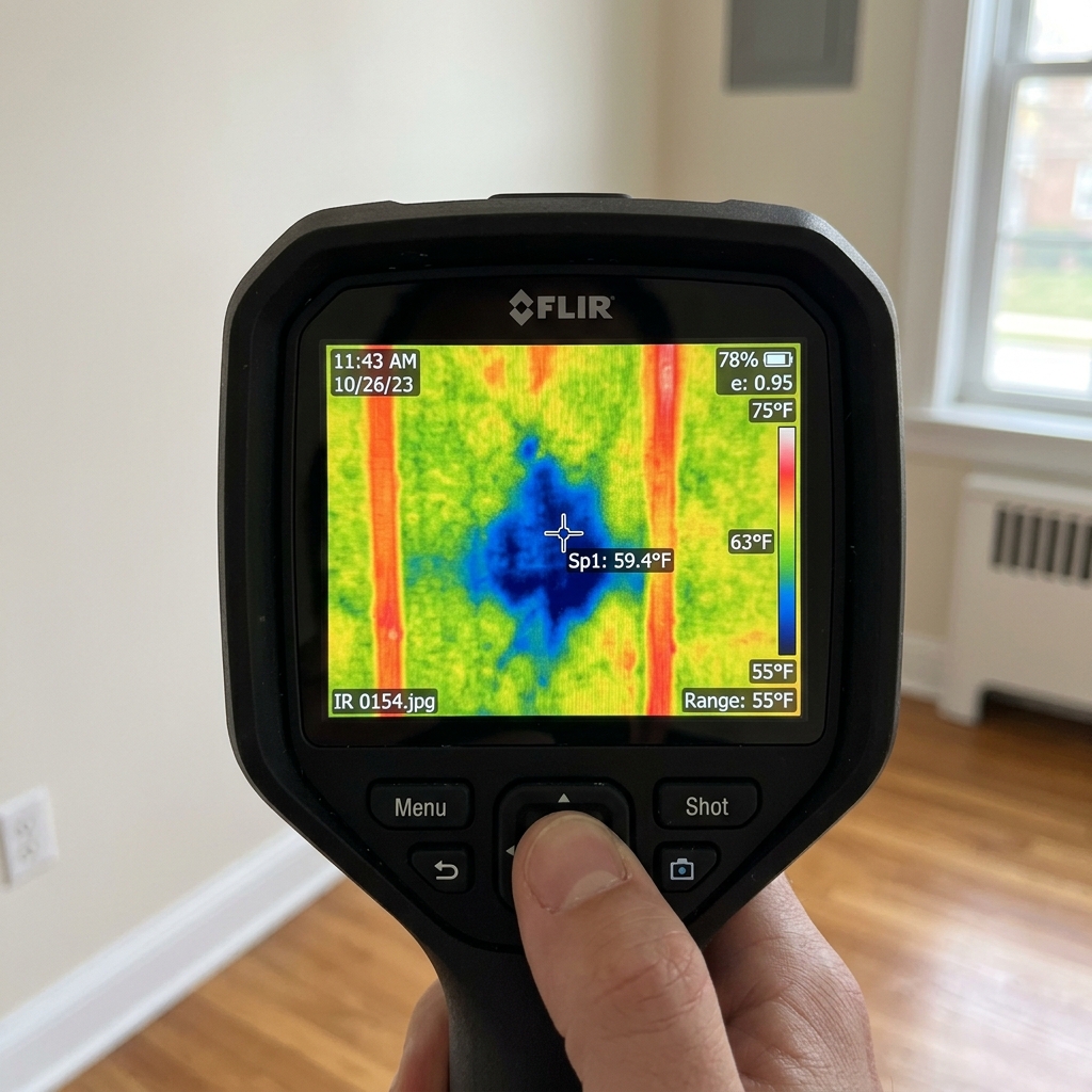 A plumbing technician reviewing new overhead water lines during a whole house repipe